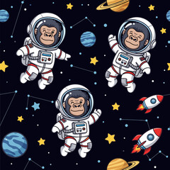 Cute cartoon apes in astronaut suits floating among planets stars and rockets in outer space Fun adventure