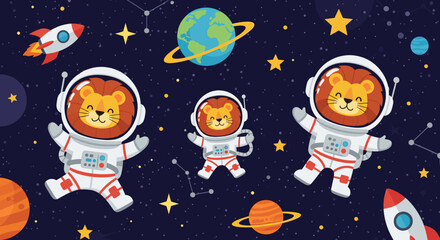 Cute cartoon lions in astronaut suits explore the vast space with rockets and planets