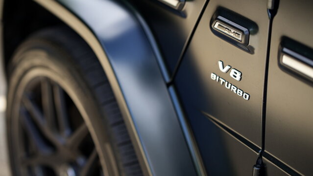 Mercedes Benz G Class detail with V8 Biturbo badge, editorial use only
