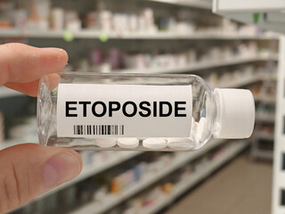 Box of ETOPOSIDE tablets on a hospital pharmacy table used to treat cancers a topoisomerase...