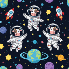 Cartoon cows in astronaut suits float in space with planets rockets and stars Fun playful design