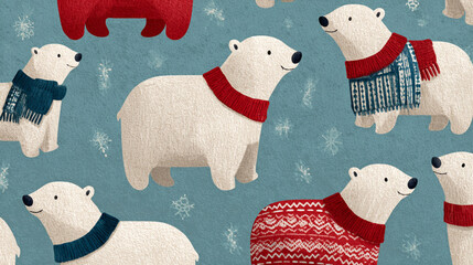 The image features a repeating pattern of light colored bears against a blue backdrop. Scattered around the bears are white snowflake shapes