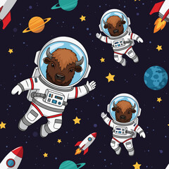 Whimsical bison astronauts explore space surrounded by planets and rockets Fun cosmic adventure