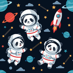 Happy panda astronauts explore space with rocket planets and stars Fun adventure concept