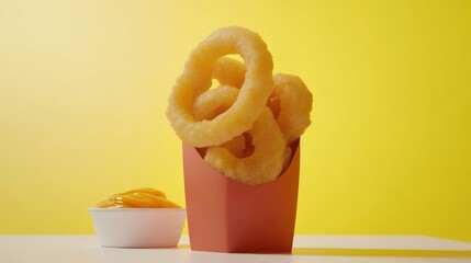 Crispy onion rings in a cardboard box, beside a bowl of dipping sauce, against a bright yellow background