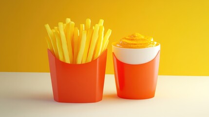French fries and dipping sauce in orange containers