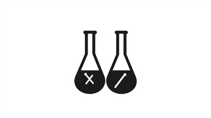 Two identical flasks, filled with liquids, one marked with an 'x', the other with a dash