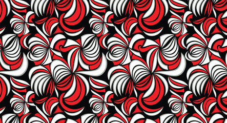 Bold abstract swirl pattern in red, black and white – ideal for textiles, wallpapers, packaging, and eye-catching designs.