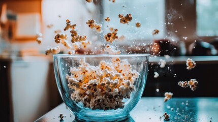 Popcorn bursts from a glass bowl