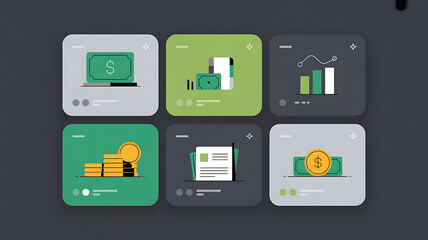 Six financial concept icons with dollar bills coins and charts finance money