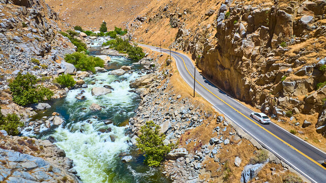 Aerial Kern River Cascades Road and Car Through Rocky Canyon in California