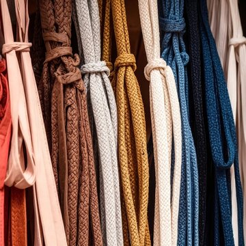 Colorful cords and ropes hanging, various thicknesses and knots