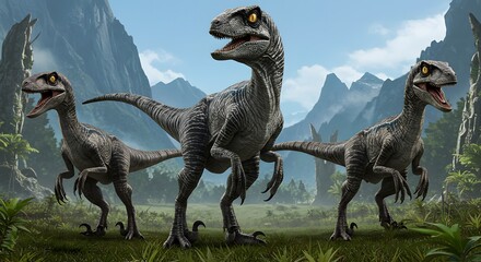Fototapeta premium Three velociraptors standing in a grassy field with mountains and trees in the background on a sunny day