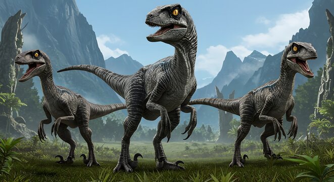 Three velociraptors standing in a grassy field with mountains and trees in the background on a sunny day