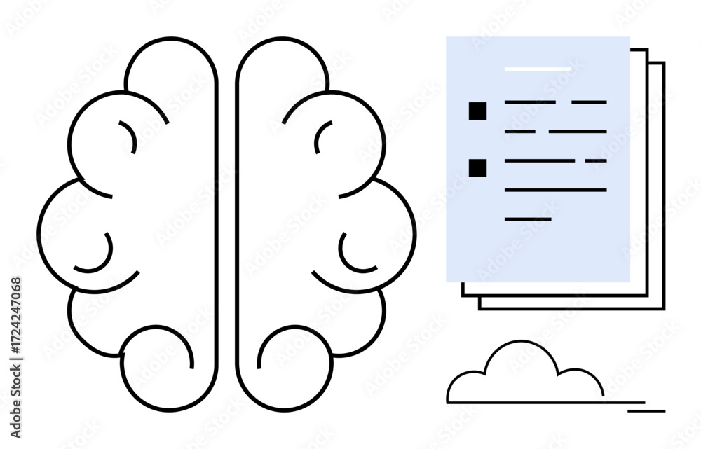 Poster brain outline paired with text document and cloud suggesting concepts thumbs up learning, creativity