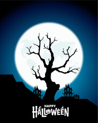 Halloween Poster with Haunted House, Full Moon, and Creepy Trees