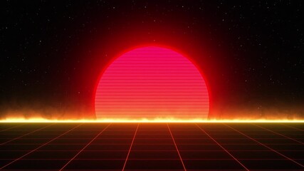 Orange hot glowing sun in starry space over neon flaming fiery grid floor. Presentations Ideal for music video backgrounds, projects, intros, title screens, gaming - Powered by Adobe
