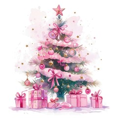 Obraz na płótnie Canvas Christmas pink tree and gift box christmas illustration watercolor.