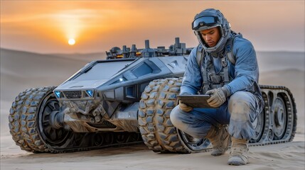 Futuristic soldier exploring a desert planet at sunset, checking data on a tablet, with a sci fi armored rover and its advanced tracked wheels for deep space expeditions