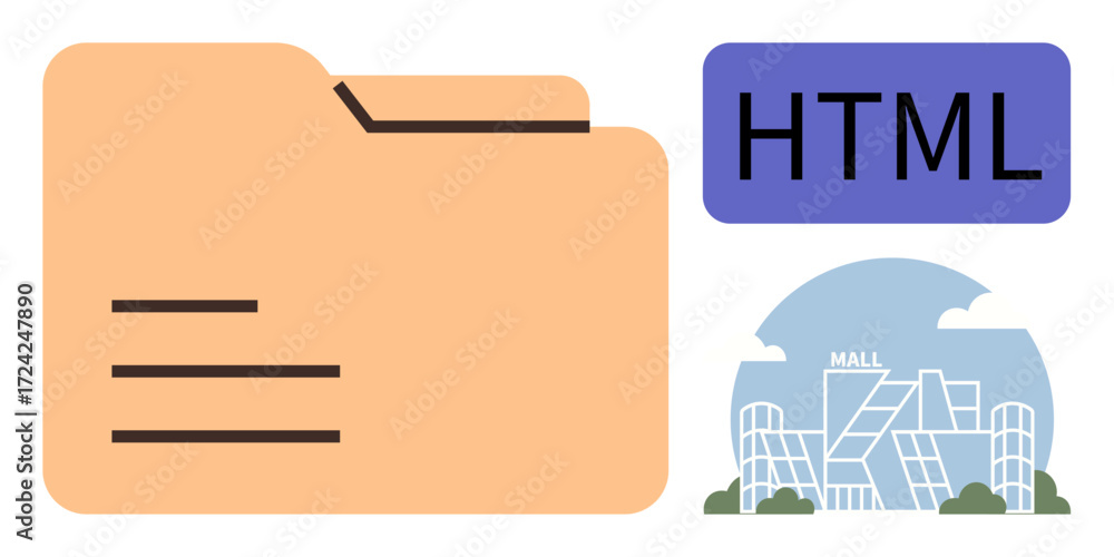 Aufkleber file folder with document lines, labeled html text, and contemporary mall structure as a geometric i