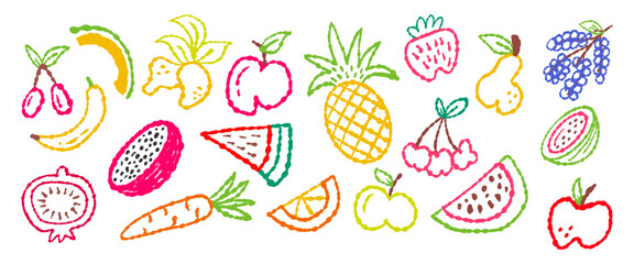 Hand drawn fruits and berries isolated on white background in wax crayon style