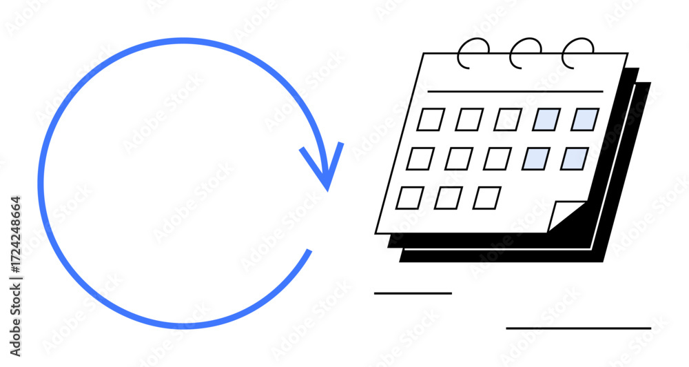 Aufkleber circular arrow pointing to a calendar grid with spiral binding, symbolizing schedule planning, deadl