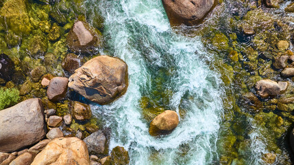 Aerial Merced River Rapids and Boulders Top Down View in Sunlit California © Nicholas J. Klein