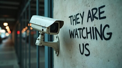 Security camera on a wall and 'They are watching us' graffiti