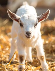 A curious white baby goat in straw