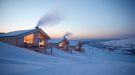 Row of houses with a fire burning in the chimneys. The houses are on a snowy hillside