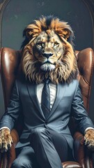 A person wearing a suit with a lion's head
