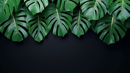 Row of large green leaves with a black background. The black background contrasts with the bright green leaves, creating a sense of depth and dimension