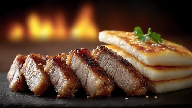 Close-up of tempting barbecued pork with crispy sesame flatbread