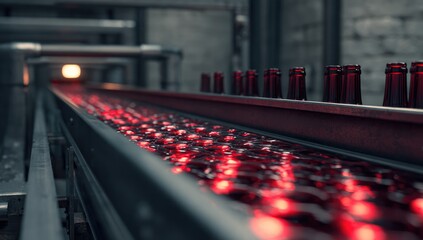 A conveyor belt system in a beverage bottling factory, with glowing red bottles in motion.