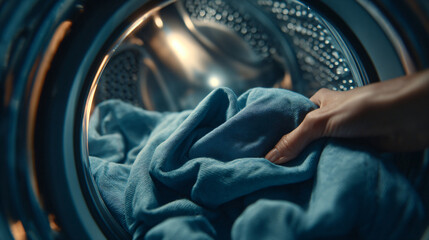 Woman's Hand Retrieving Blue Jeans from Washing Machine Drum