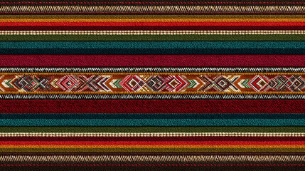 The image shows a textile with vibrant, horizontal stripes. The colors of the stripes include brown, orange, red, green, teal, and a darker shade of red
