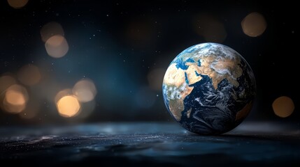 Small planet is shown in the center of the image. The planet is surrounded by a blurry background, which gives the impression of a dreamy, ethereal atmosphere