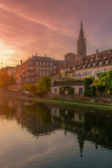 Sunset over Cathedral Notre Dame of Strasbourg, Alsace, France