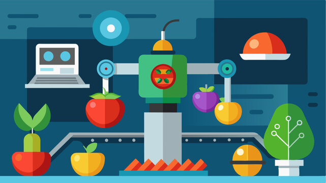 A futuristic machine uses advanced sensory technology to assess the riss and quality of each vegetable sorting them accordingly to maximize efficiency.. Vector illustration