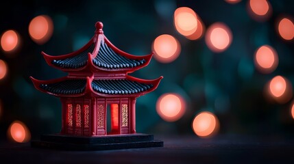 Small red building with a black roof sits on a dark background. The building is surrounded by a blurry, glowing light