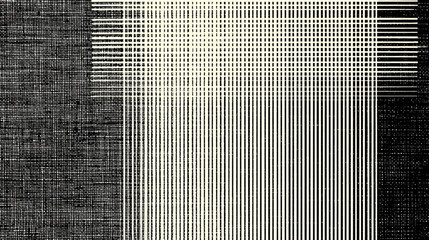 This abstract artwork showcases a mixture of textures and linear patterns. One section features a fine, dark, woven fabric like texture