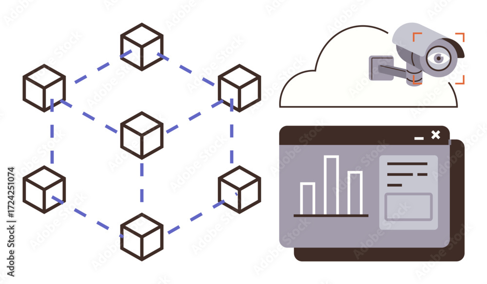 Poster connected blockchain nodes, cloud-based surveillance camera, and web analytics interface representin