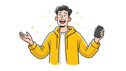 Cheerful Man Holding Smartphone Vector Illustration