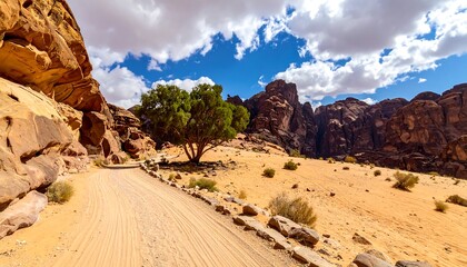 Desert landscape with a lone tree and a dirt road