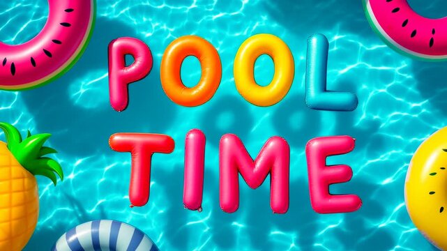Pool Time text with colorful inflatables floating in blue swimming pool