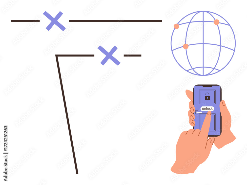 Aufkleber hands using mobile phone to unlock secure access, interconnected globe, and circuit lines. ideal for