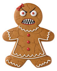 Evil Gingerbread Woman PNG &ndash; Creepy Angry Cookie Lady with Sharp Teeth on Transparent Background