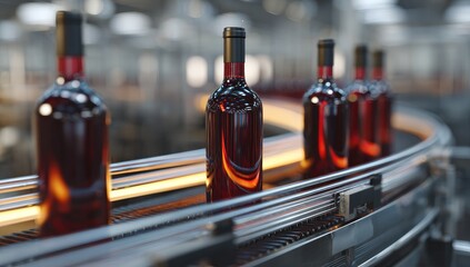 Wine bottles are meticulously positioned on a production line conveyor belt, creating a dynamic image of industrial winemaking.