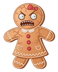 Obraz premium Evil Gingerbread Woman PNG – Creepy Angry Cookie Lady with Sharp Teeth on Transparent Background