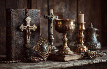 Catholic religion concept. Catholic symbols composition. The Cross, monstrance, Holy Bible and golden chalice on wooden altar.